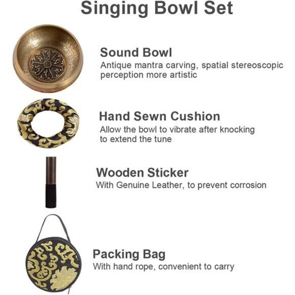 5'' Tibetan Singing Bowl Set, Nepal Antique Bronze Mantra Carving Hand Hammered - Picture 1 of 1